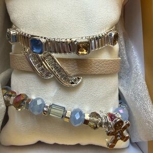 Silver-Tone Bracelet Set with Blue and Gold Gem Accents - Women Jewelry